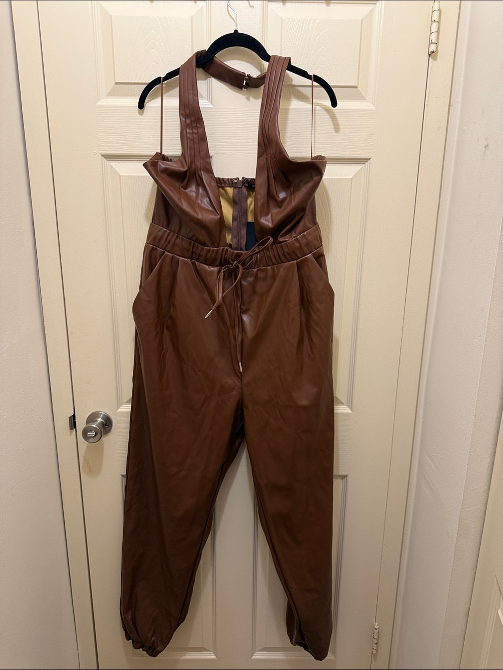 Fashion Nova Brown Faux Leather Jumpsuit with Drawstring Waist